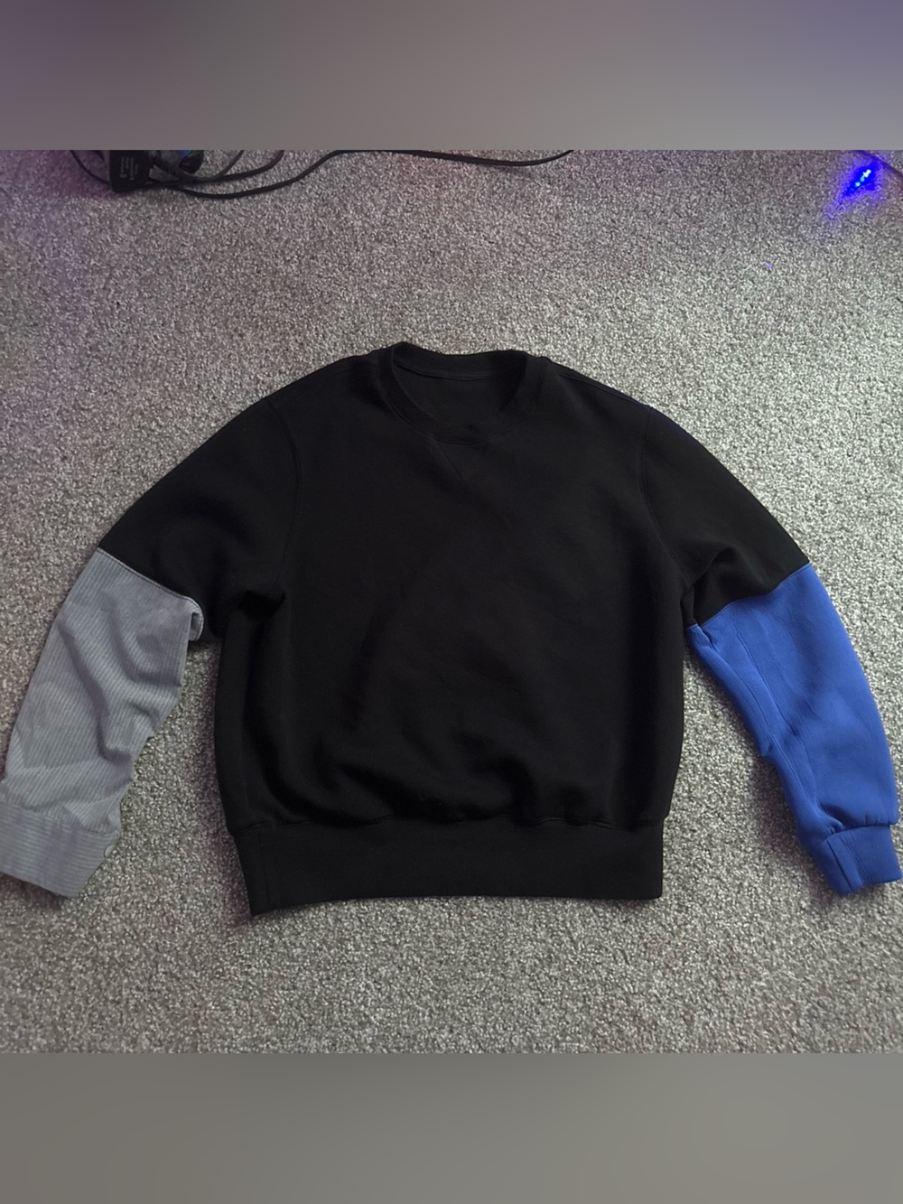 Men's Crewneck Colorblock Sweater - Black with Gray & Blue Sleeves
